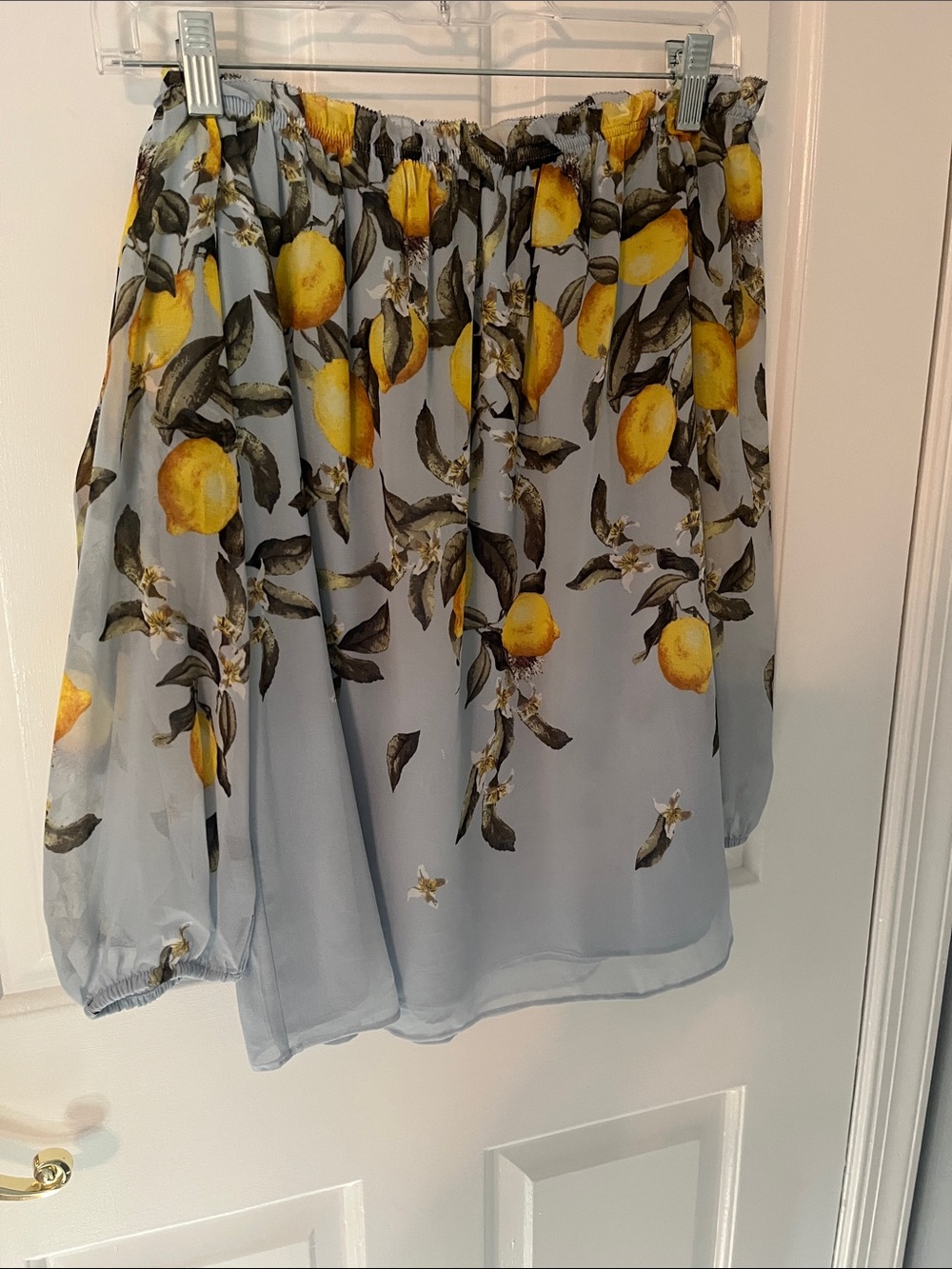 White House Black Market Light Blue Lemon-Print Off-Shoulder Blouse